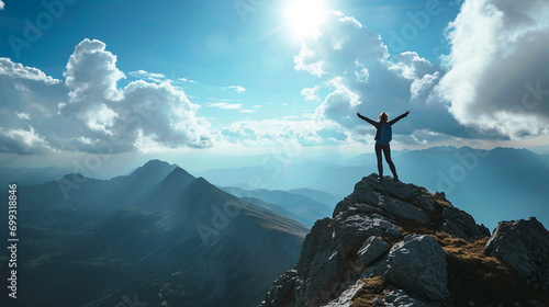 Victorious girl atop mountain summit, AI Generated photo