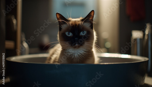 Cute kitten sitting in a bathtub, staring at the camera generated by AI