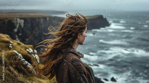 Windswept girl on cliff overlooking sea, AI Generated