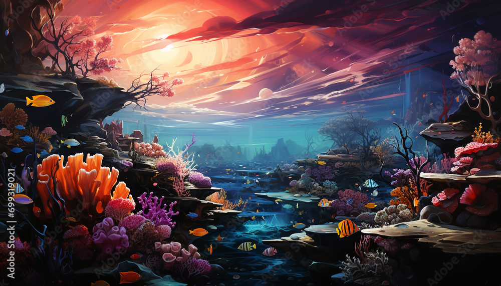 Underwater reef, nature multi colored fantasy, painted image of sea life generated by AI - obrazy, fototapety, plakaty 