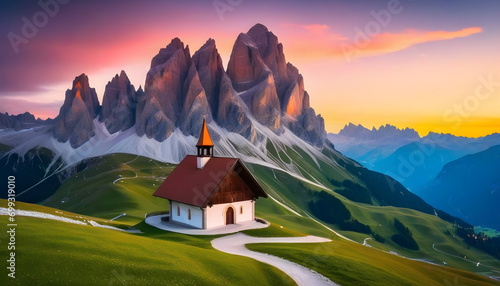 Incredible view on small iIlluminated chapel - Kapelle Ciapela on Gardena Pass, Italian Dolomites mountains. Colorful sunset in Dolomite Alps, Italy. Landscape photo