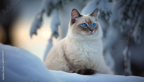 Cute kitten sitting in snow, staring at camera with blue eyes generated by AI