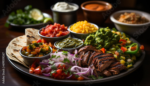 Grilled beef steak on a plate, fresh guacamole, healthy salad generated by AI