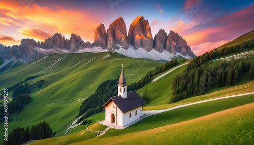 Incredible view on small iIlluminated chapel - Kapelle Ciapela on Gardena Pass  Italian Dolomites mountains. Colorful sunset in Dolomite Alps  Italy. Landscape