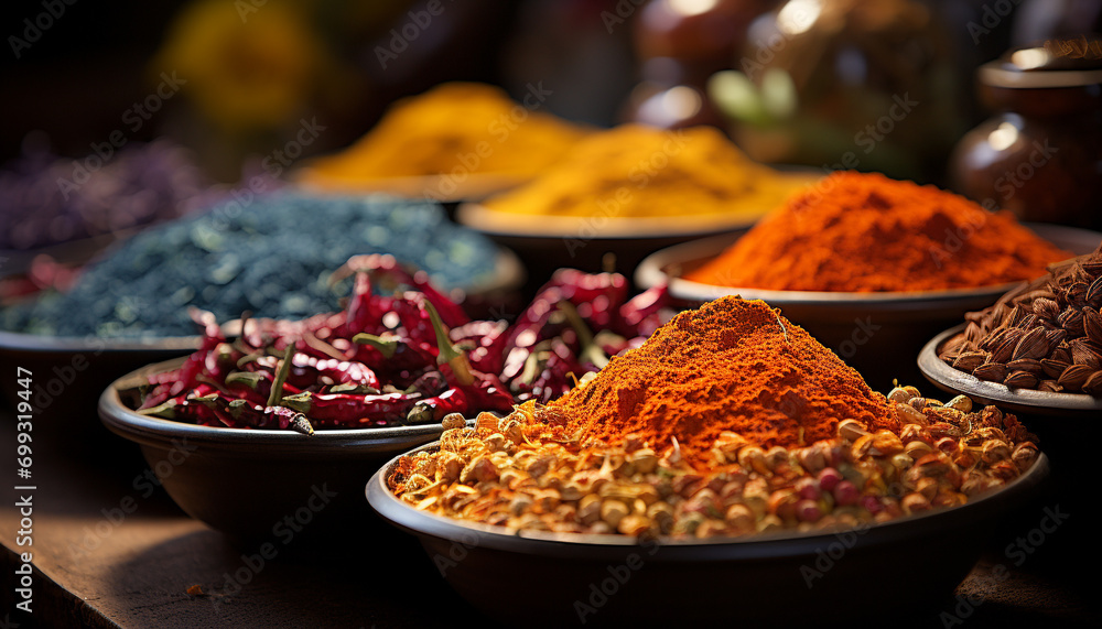 Variety of spices in a bowl, nature colorful condiments generated by AI