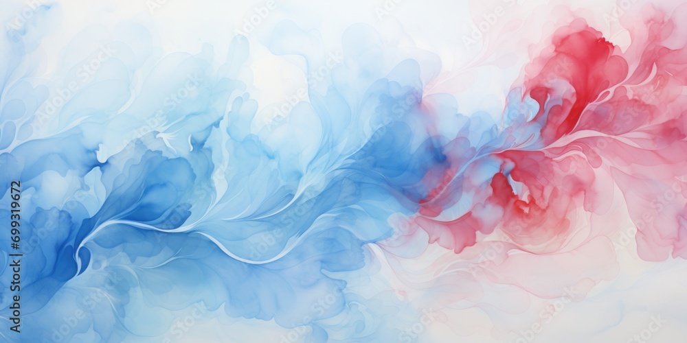 a watercolor painting of blue and white, in the style of flat backgrounds, soft mist, color splash, white background, shaped canvas, light crimson and sky-blue