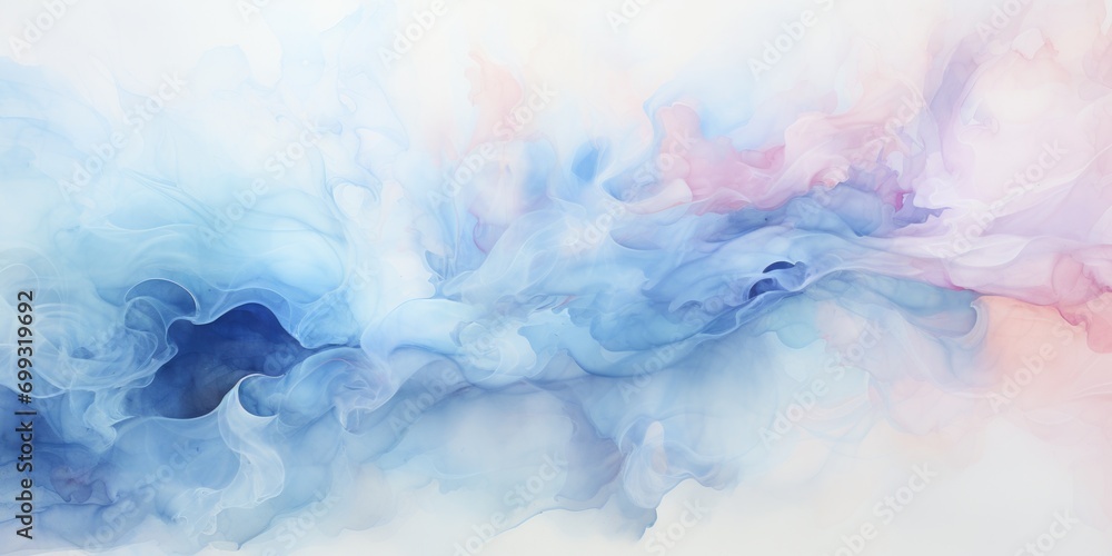 a watercolor painting of blue and white, in the style of flat backgrounds, soft mist, color splash, white background, shaped canvas, light crimson and sky-blue