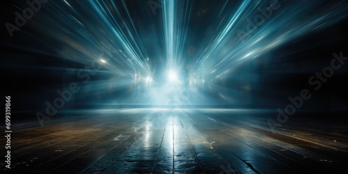 a blue light beams in front of a floor surrounded by a dark background, in the style of abstract seascapes, photo-realistic landscapes, mist, silver and aquamarine