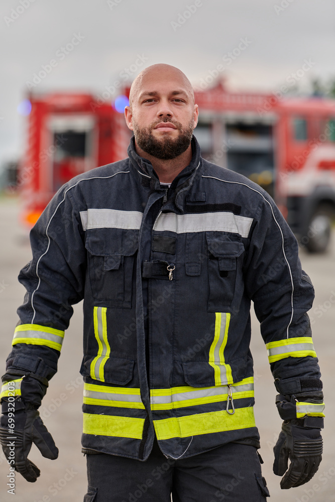 A symbolically brave firefighter strides forward with unwavering courage, epitomizing dedication and leadership, while behind him, a modern firetruck stands ready for firefighting actions, capturing A symbolically brave firefighter strides forward with unwavering courage, epitomizing dedication and leadership, while behind him, a modern firetruck stands ready for firefighting actions, capturing