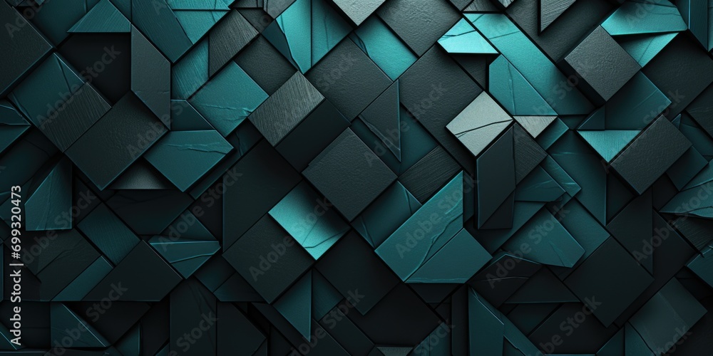 an abstract pattern and wall texture black background, in the style of isometric, dark gray and aquamarine, geometric shapes & patterns, aluminum, shaped canvas, geometric - obrazy, fototapety, plakaty 
