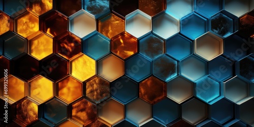 mosaic art wallpaper hexagon hexagon background, in the style of glowing lights, dark amber and azure, dark cyan and amber