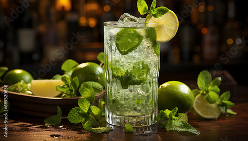 Refreshing mojito cocktail with lime and mint leaf garnish generated by AI photo