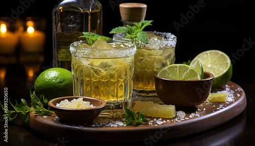 Refreshing citrus drink on wooden table with ice and mint generated by AI