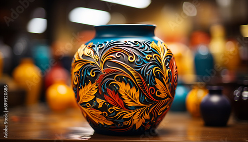 An ornate pottery vase on a table, vibrant colors displayed generated by AI
