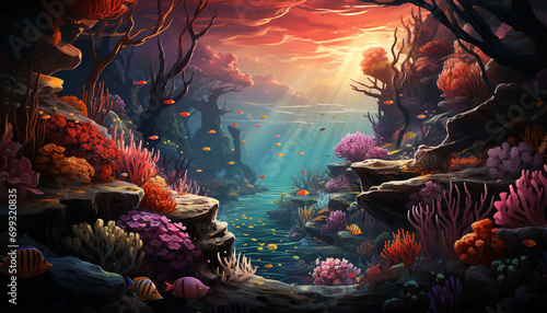 Underwater fish swim in colorful coral reef, a nature masterpiece generated by AI © Stockgiu