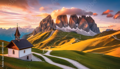 Incredible view on small iIlluminated chapel - Kapelle Ciapela on Gardena Pass, Italian Dolomites mountains. Colorful sunset in Dolomite Alps, Italy. Landscape