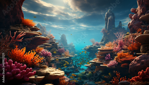 Underwater reef  nature fish  coral below  multi colored sea life generated by AI