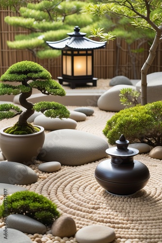 Serene Japanese-inspired zen garden with raked pebbles, a stone pagoda lantern, and a bonsai tree surrounded by rocks.