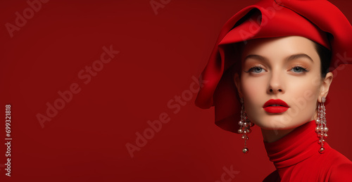 Elegant woman face portrait in red color, beauty fashion model with red lips, copy space on background
