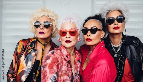 four old fashion ladies with sunglasses and make-up