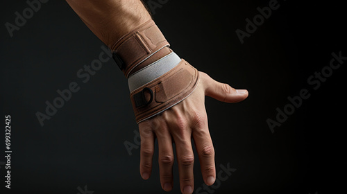 Supportive wrist brace on a human hand, designed to stabilize and protect against strains. The image captures the utility of orthopedic aids in injury prevention. photo