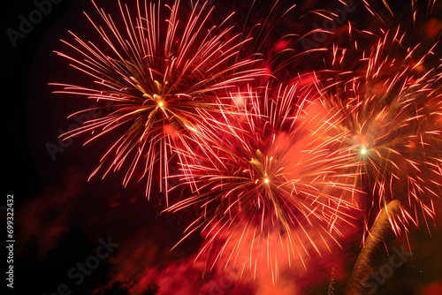 Vibrant Fireworks Explosion in Dark Yellow, White, Light Red, and Green Tones - Night Spectacle
