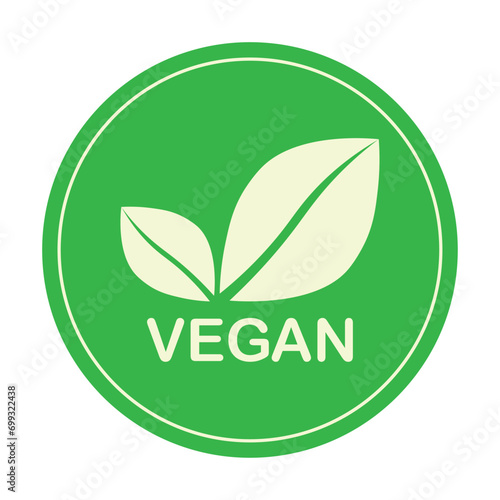 Vegan green vector icon. Organic, bio, eco symbol. Vegan, no meat, lactose free, healthy, fresh and nonviolent food. Round green vector illustration with leaves for stickers, labels, web and logos.