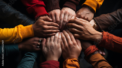 Hands of representatives of different nations together photo