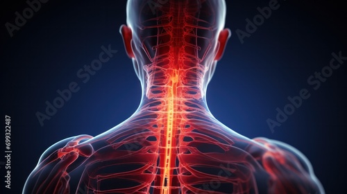  Glowing neck and spine, showcasing a digital medical illustration of spinal health or a neurological condition.