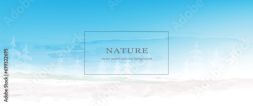 Watercolor textured landscape with snow and trees.Minimal design. Creative vector seasonal winter banner.