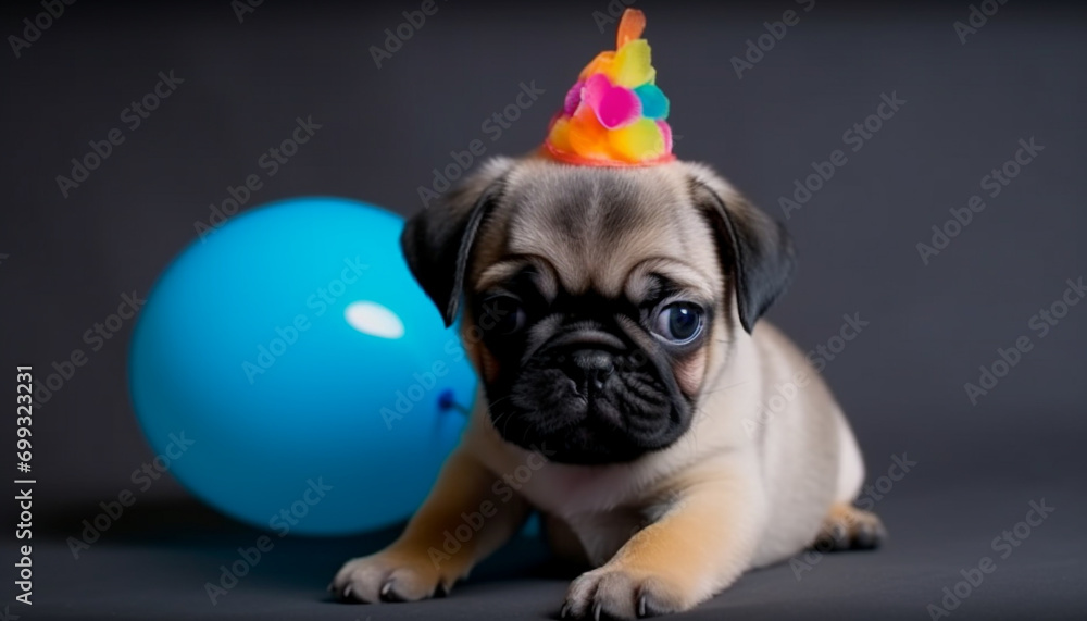 Cute puppy sitting, looking at camera, celebrating birthday with gift generated by AI