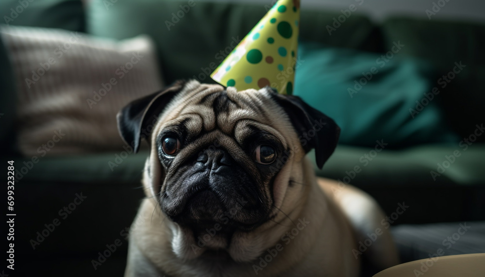 Cute small pug puppy sitting, looking sad at birthday celebration generated by AI