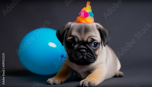 Cute puppy sitting, looking at camera, celebrating birthday with gift generated by AI