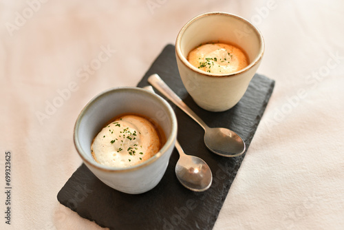 Shrimp mousse in a glass in a restaurant photo