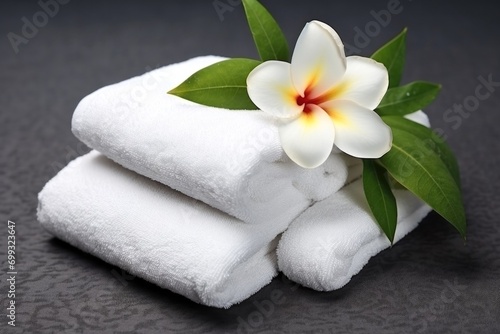 Elegant spa setup with rolled white towels and fresh frangipani flowers on a textured gray marble background. Symbolizing relaxation, wellness. Perfect for spa and self-care themes