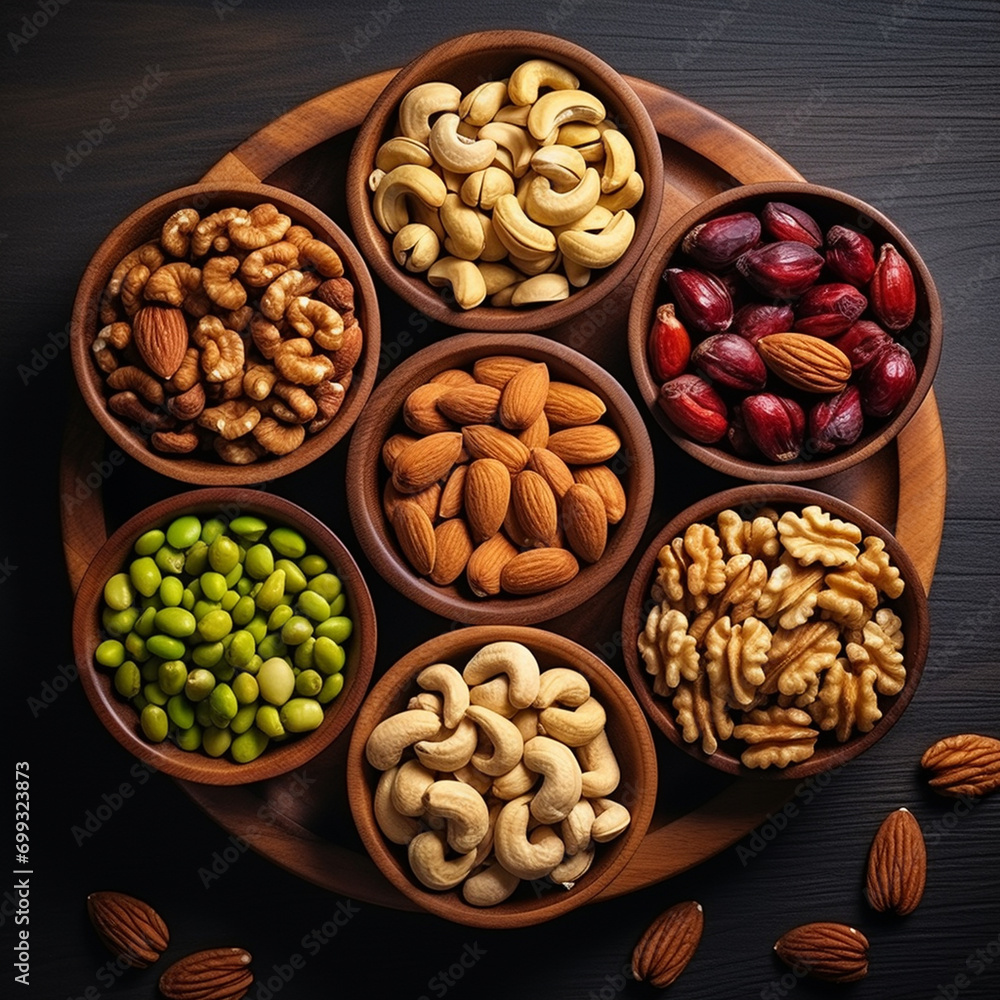 Assortment of nuts in wooden bowls on black background. Top view. Assortment of nuts in wooden bowls on black background. Top view.