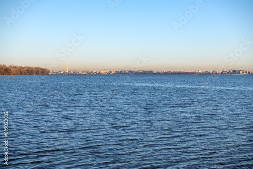 View of the Capitol and the George Washington Monument from the opposite bank of the Potomac River near Alexandria.