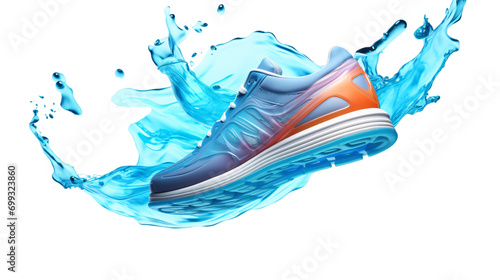 Abstract floating sports shoe graphic with water splash isolated background