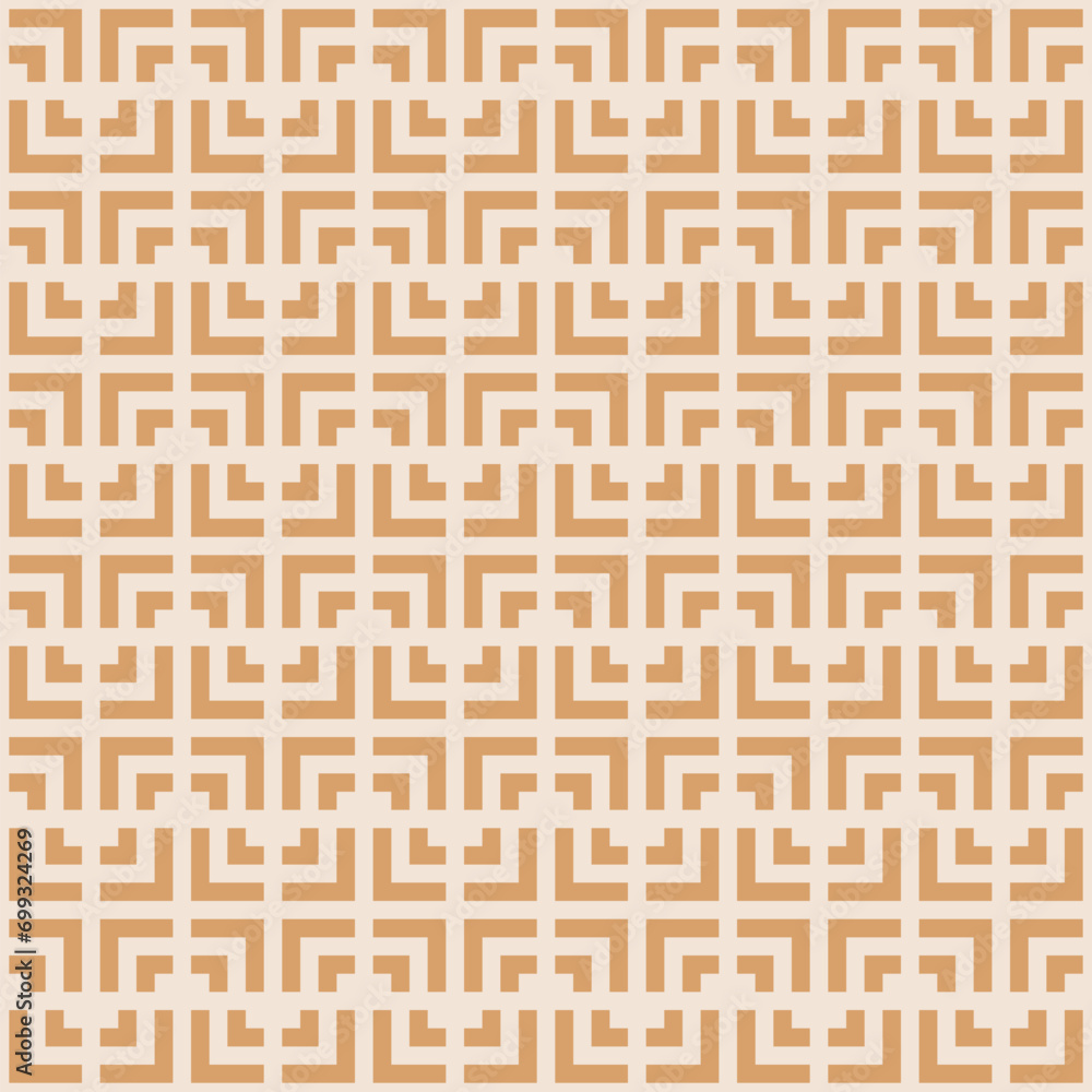 Vector seamless geometric pattern with lines creating grid of squares and Greek meander. Simple stylish ethnic ornament in retro style. Elegant geo background. Repeated design. Caramel and beige color Vector seamless geometric pattern with lines creating grid of squares and Greek meander. Simple stylish ethnic ornament in retro style. Elegant geo background. Repeated design. Caramel and beige color