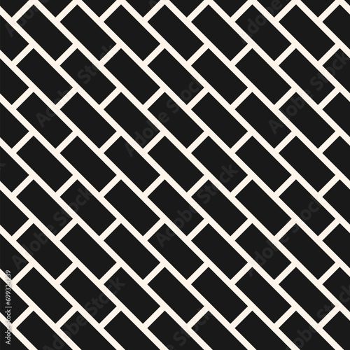 Vector seamless pattern with diagonal brick wall texture, masonry grid, lattice. Simple minimal endless abstract geometric background. Monochrome paving stones floor ornament. Repeat dark geo design
