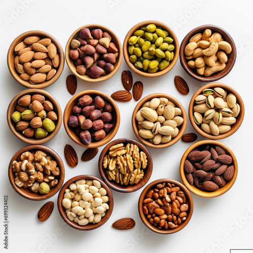 Mix of nuts in wooden bowls on white background. Top view.