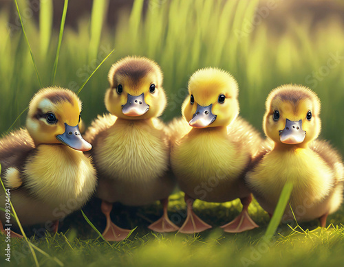 Group of ducklings on green grass in cartoon style