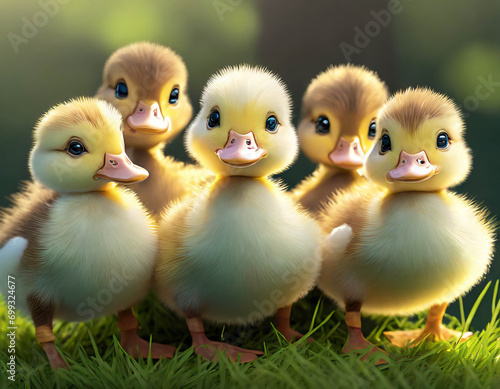 Group of ducklings on green grass, cartoon style