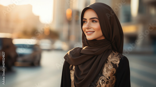 young beautiful muslim woman in black abaya dress, luxury stylish arabiс girl walking down the street in dubai, hijab, fashion, beauty, religion, middle east, lady, clothes, glamor, travel, smile photo