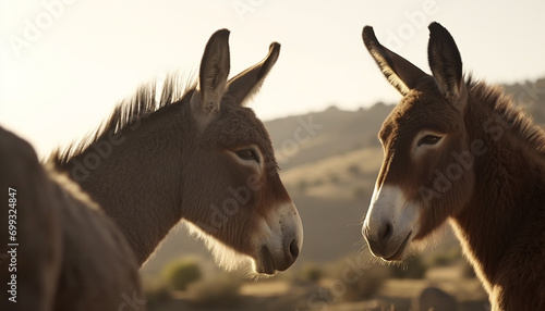 Cute donkey and goat grazing in a beautiful rural meadow generated by AI photo