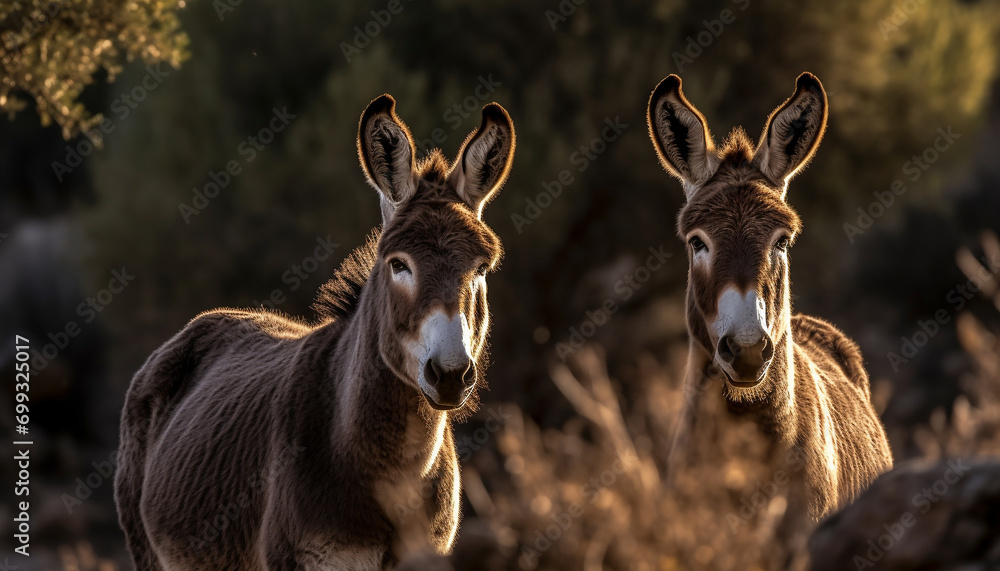 Cute donkey grazing in a meadow, enjoying the summer sunset generated by AI
