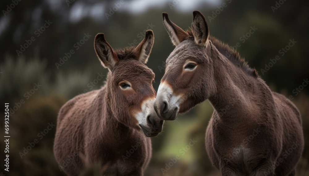 Cute donkey and horse grazing in meadow, enjoying nature generated by AI Cute donkey and horse grazing in meadow, enjoying nature generated by AI