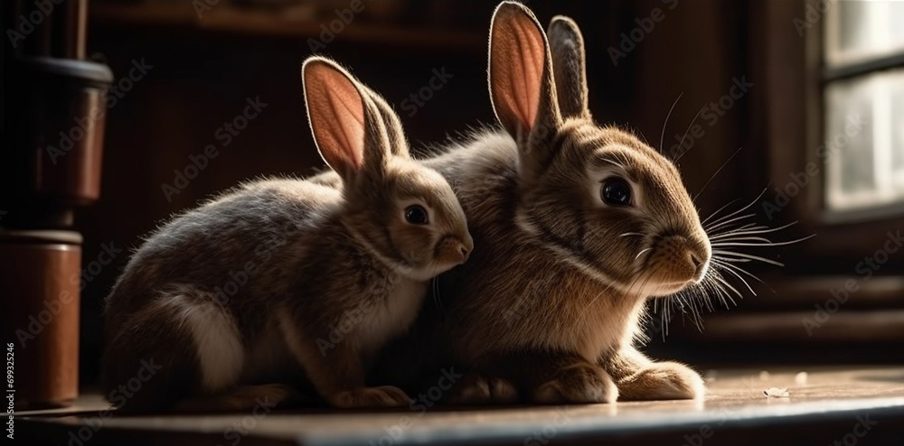 Cute baby rabbit sitting, fluffy fur, adorable and affectionate generated by AI