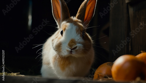 Cute fluffy baby rabbit sitting outdoors  eating grass in springtime generated by AI