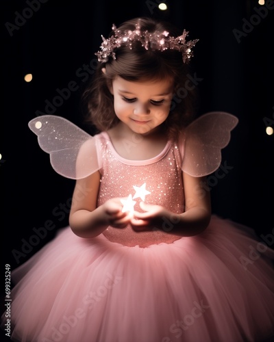 Cute little princess with magic wand and wings wearing a nice pink dream-like butterfly fairy dress and crown with lights, she is holding two dancing shining stars in the night on black background